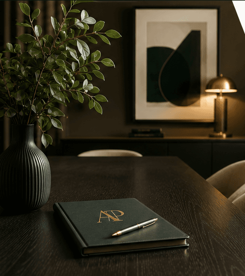 A branded Anelu Partners notebook and pen on a table, beside a plant and warm lamplight