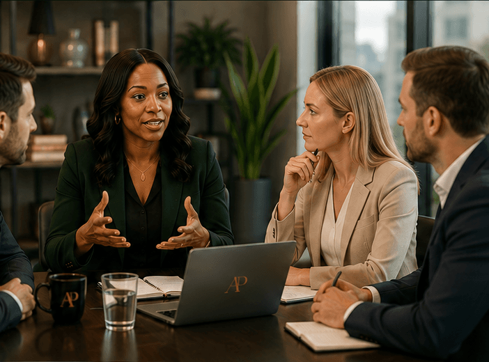 Zogie Oyarebu leading a conversation with three colleagues around a conference table